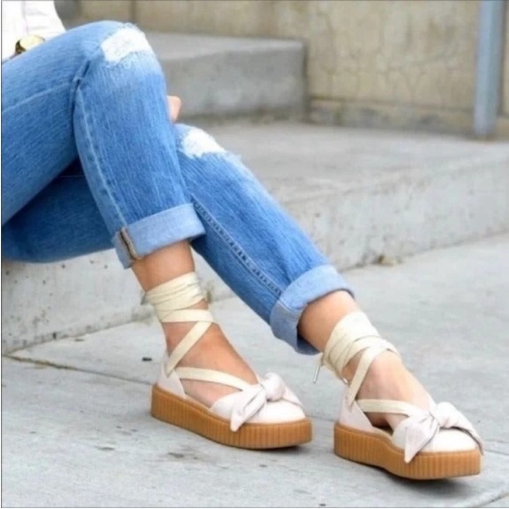Puma pale pink bow lace up platform sandals